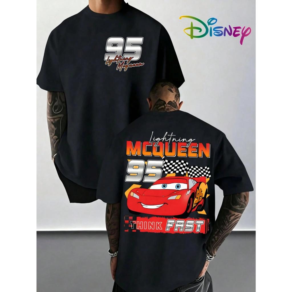 Disney Cars Lightning McQueen T-shirt 95 Think Fast Double-Sided Print Cotton Men Women Oversized Loose Streetwear Short Sleeve Female Male Clothing