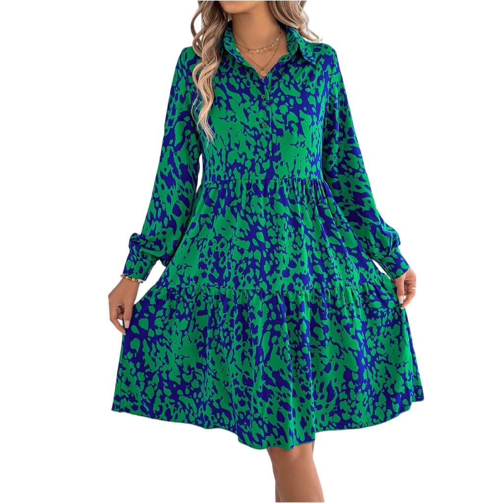 Women's Summer Fashion Printed Lapel Button Loose Long Sleeved Shirt Dress