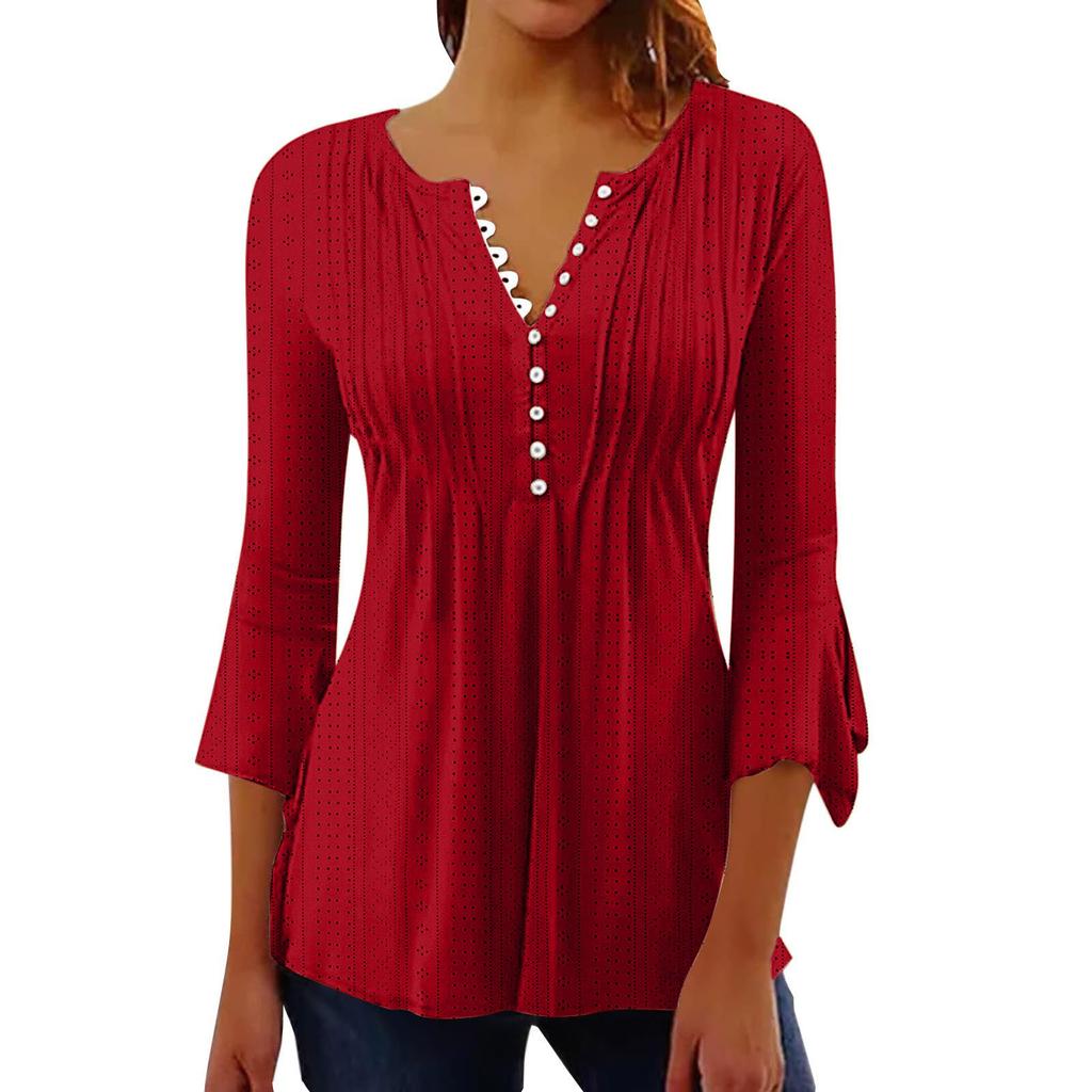 Solid Color Hollow Out V Neck Button Petal Sleeve Loose Commuting Women T Shirt