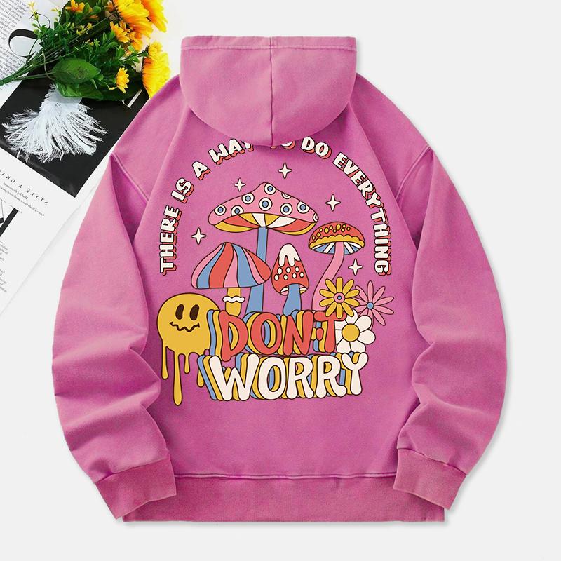 Mushrooms Washed Hoodie Womens Don'T Worry Printed Cotton Clothes Long Sleeves Pocket Oversize Winter Womans