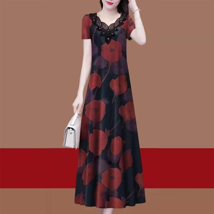 Chic Waist-Cinching Summer Dress for Middle-aged Women - Short-Sleeved Korean Style XL красный