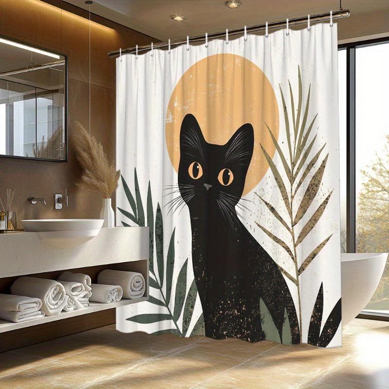 1pc Black Cat & Green Plants Shower Curtain - Orange Eyes, Leafy Accents, Sun Shape, 70.8x70.8", Polyester, Modern Design