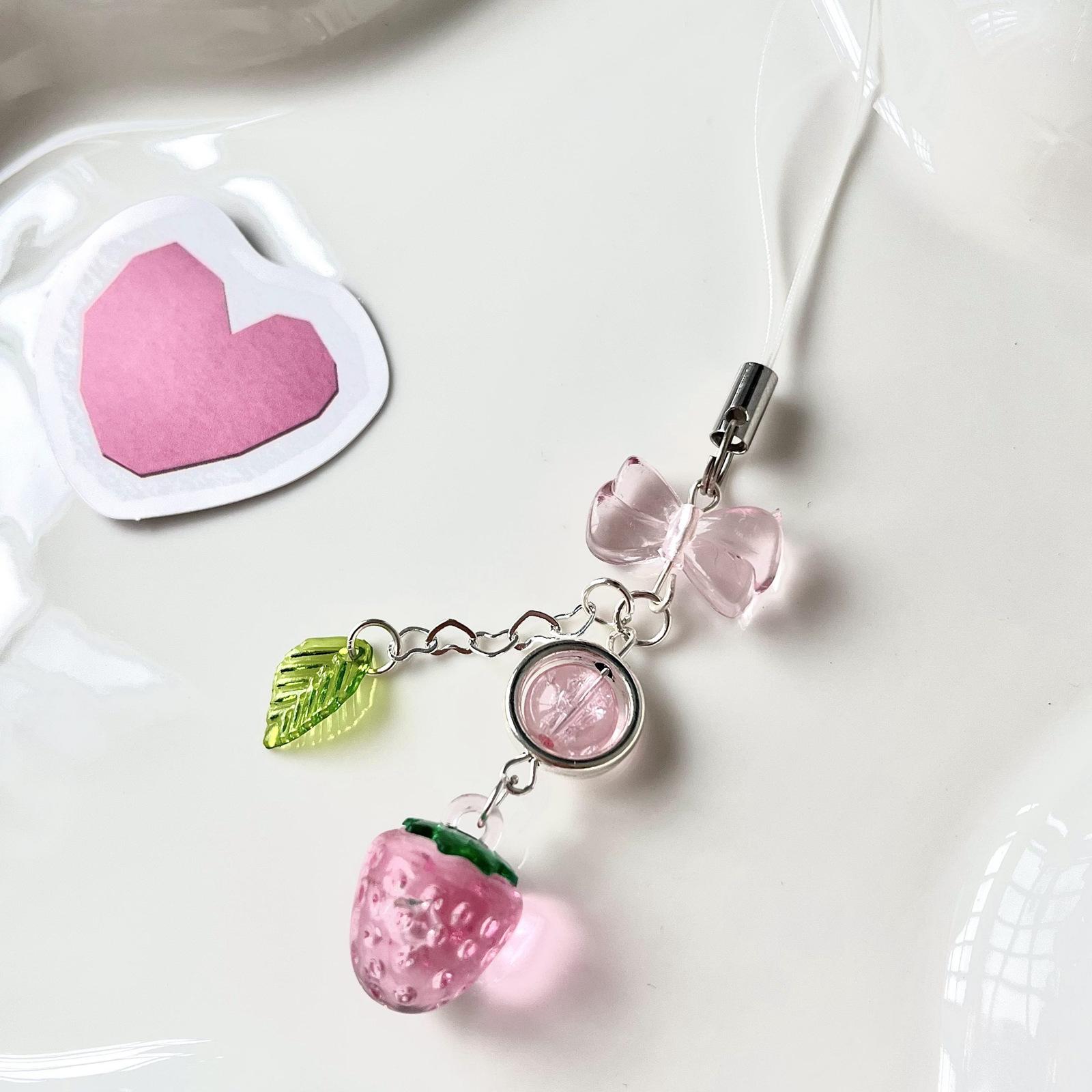 

New Arrival 1 Piece y2k Style Pink Strawberry Cherry Beaded Bow Mobile Phone Charms Bag Decorations Keycord Strap Lanyard