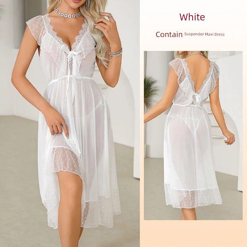 

2025 Fashion Style Sexy Seduction Mesh Nightdress/Princess Style Lace Deep V Suspender Skirt/Dating Perspective Pajamas 666 White. S