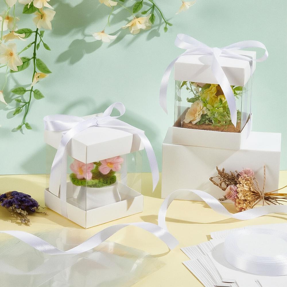 10Pcs Clear PET Gift Storage Boxes with Paper Base Rectangle Gift Packaging Cases with 1 Roll Ribbon White 9x9x11cm