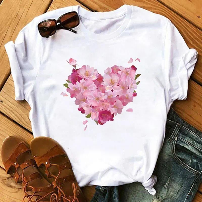 T-shirt Women Neck T-shirt Women T Shirt Love Flower Half Sleeve Cartoon White Letter Aesthetic Clothes