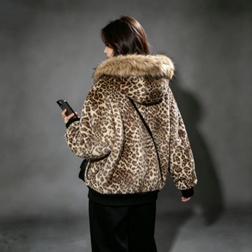 Unisex Leopard Print Hooded Jacket Loose Fit Outerwear with Large Collar for Fall and Winter