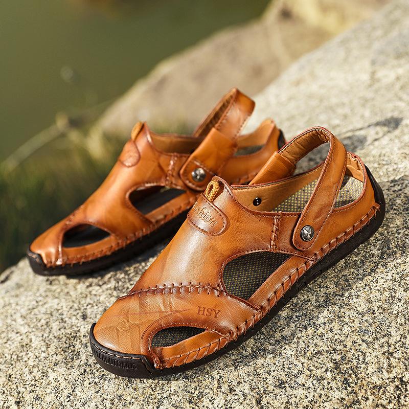 Fashion New Men's Leather Sandals Summer Cowhide Convertible Toe Post Sports Casual Slide Sandals Handmade Breathable Fashion Footwear