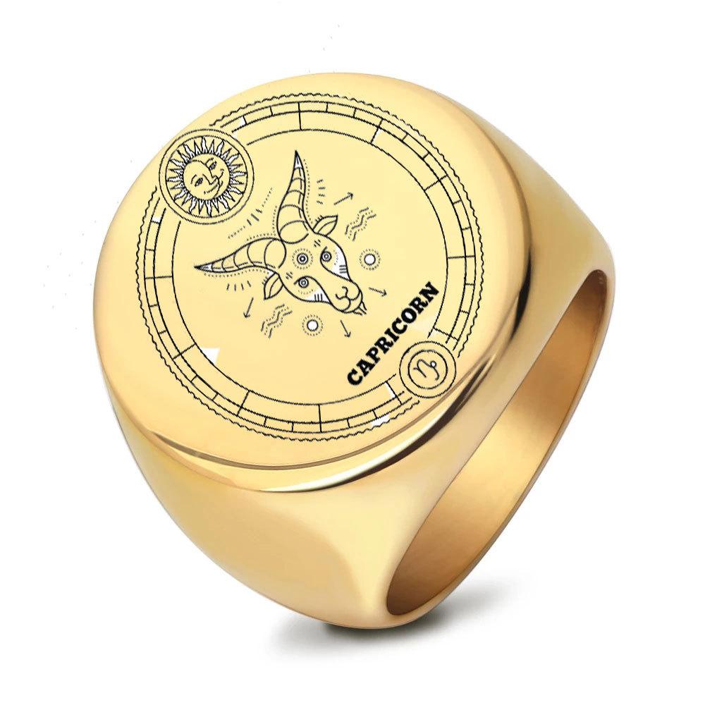 22mm Round Stainless Steel Zodiac Sign Men Ring Retro Fashion Index Finger Ring for Men