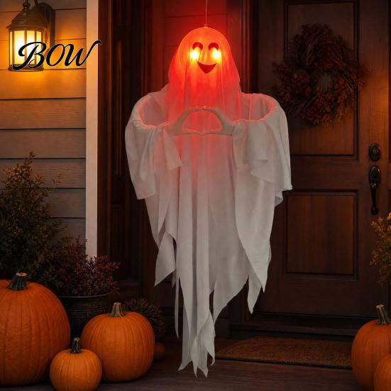 Ghost With Lanyard Halloween Pendant, Heart Hand Gesture Cloaked Messenger Statue, Luminous Eyes Glowing Light Up, Outdoor Lawn Ornament, Haunted