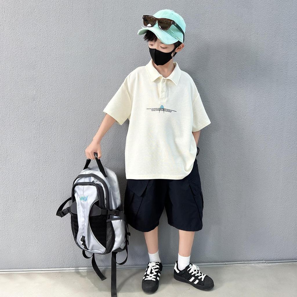 Boys' Short Sleeve Polo Shirt & Five-Point Shorts Set - Trendy Summer Sportswear Two-Piece Set