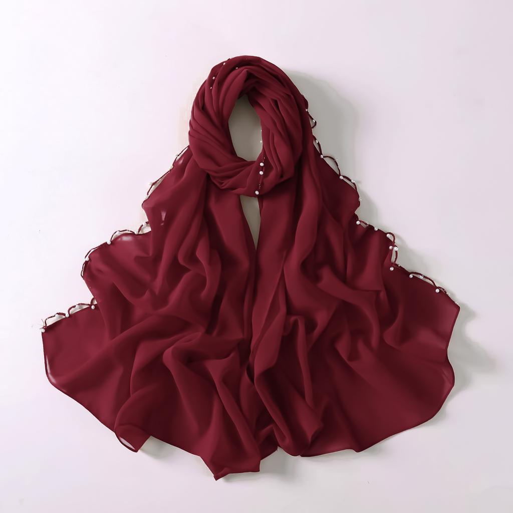 Pearl Edge Chiffon Hijab Scarf Women Muslim Long Shawl Soft Plain Head Wrap Beaded Border Lightweight Islamic Turban