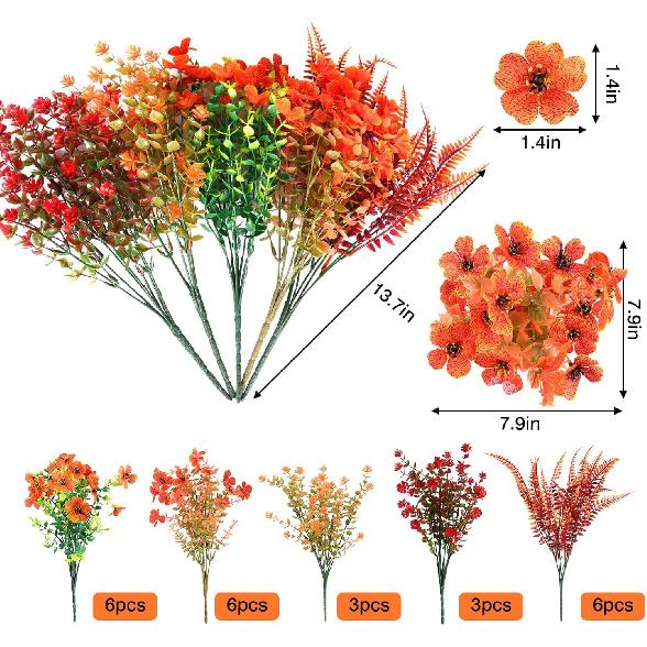 CEWOR 24 Bundles Orange Artificial Mums Flowers Fake Fall Plants for Outdoor Indoor, Fake Silk Daisy with Eucalyptus Leaves for Autumn Garden Front