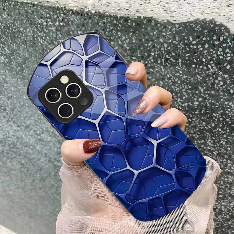 Cool Honeycomb Color For Iphone 11 12 13 14 15 16 Pro Max Plus Mini 7 8 Se 2020 X Xs Xr Elliptical Tempered Glass Phone Case