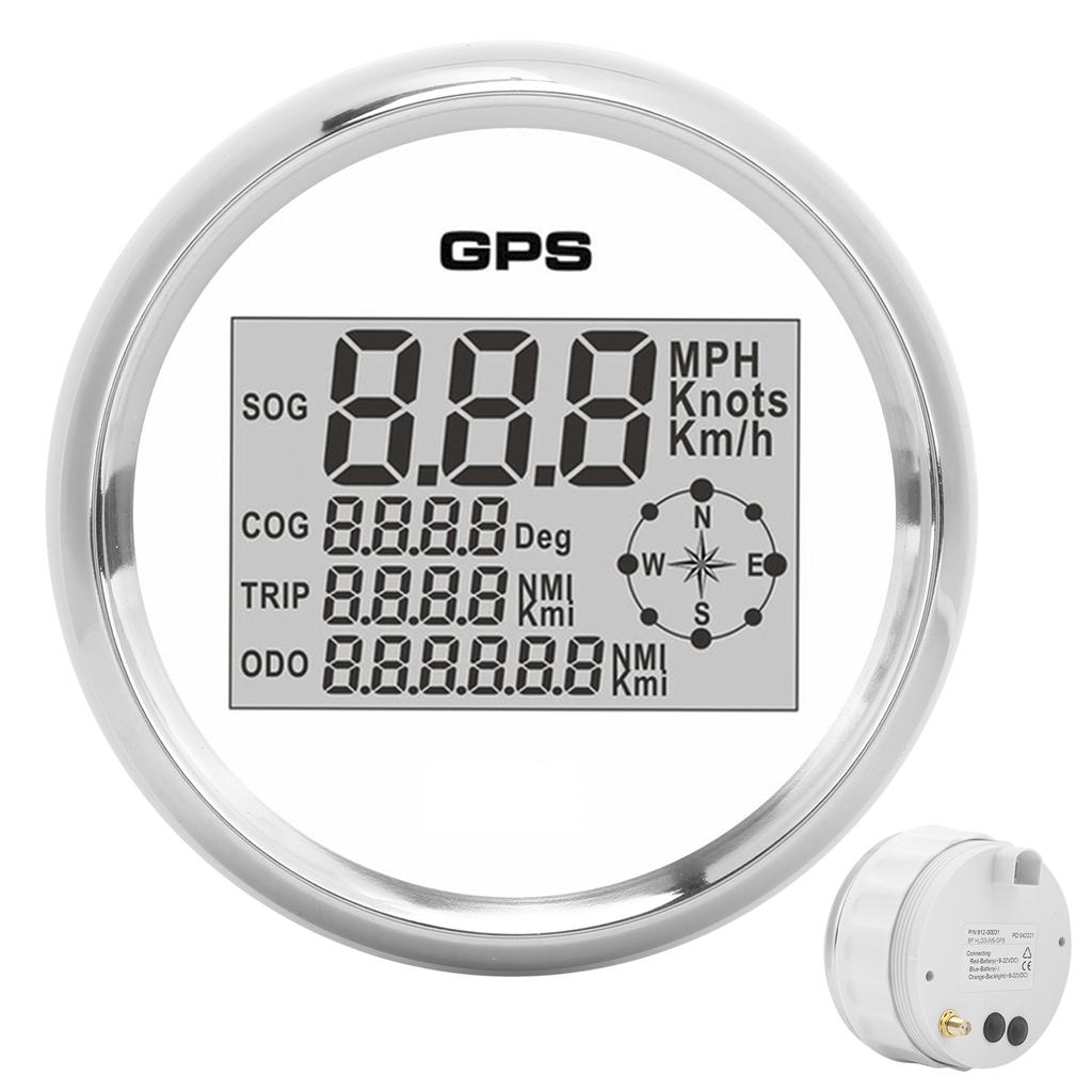 85mm Speedometer Digital GPS LCD 8 Color Backlight 0‑999 Knots KM H MPH 12V 24V White Dial Sliver Frame