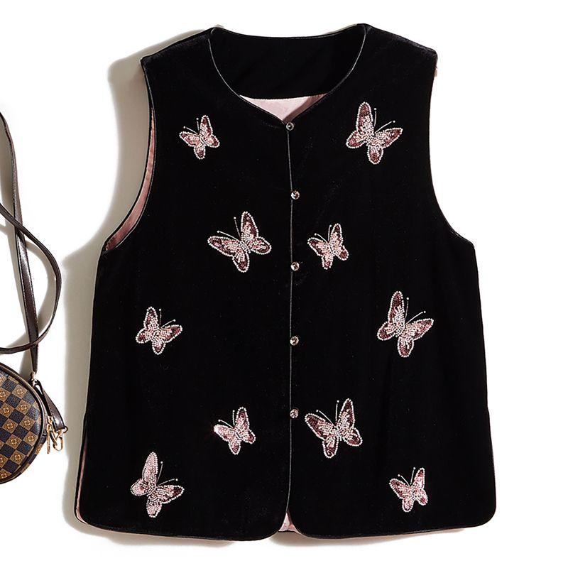 

Dance Three-Dimensional Beads Butterflies! round Neck Single Row Buckle Quilted Gold Velvet Vest Women Autumn and Winter Outerwear Black L