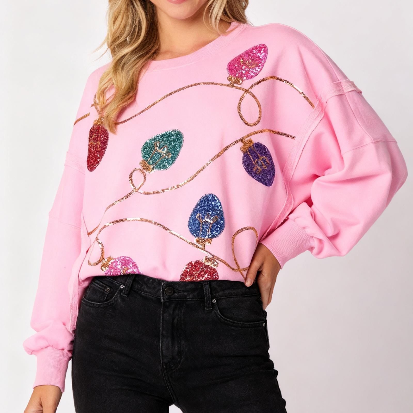 

Женский свободный удобный повседневный модный свитшот с рождественским принтом с блестками S розовый