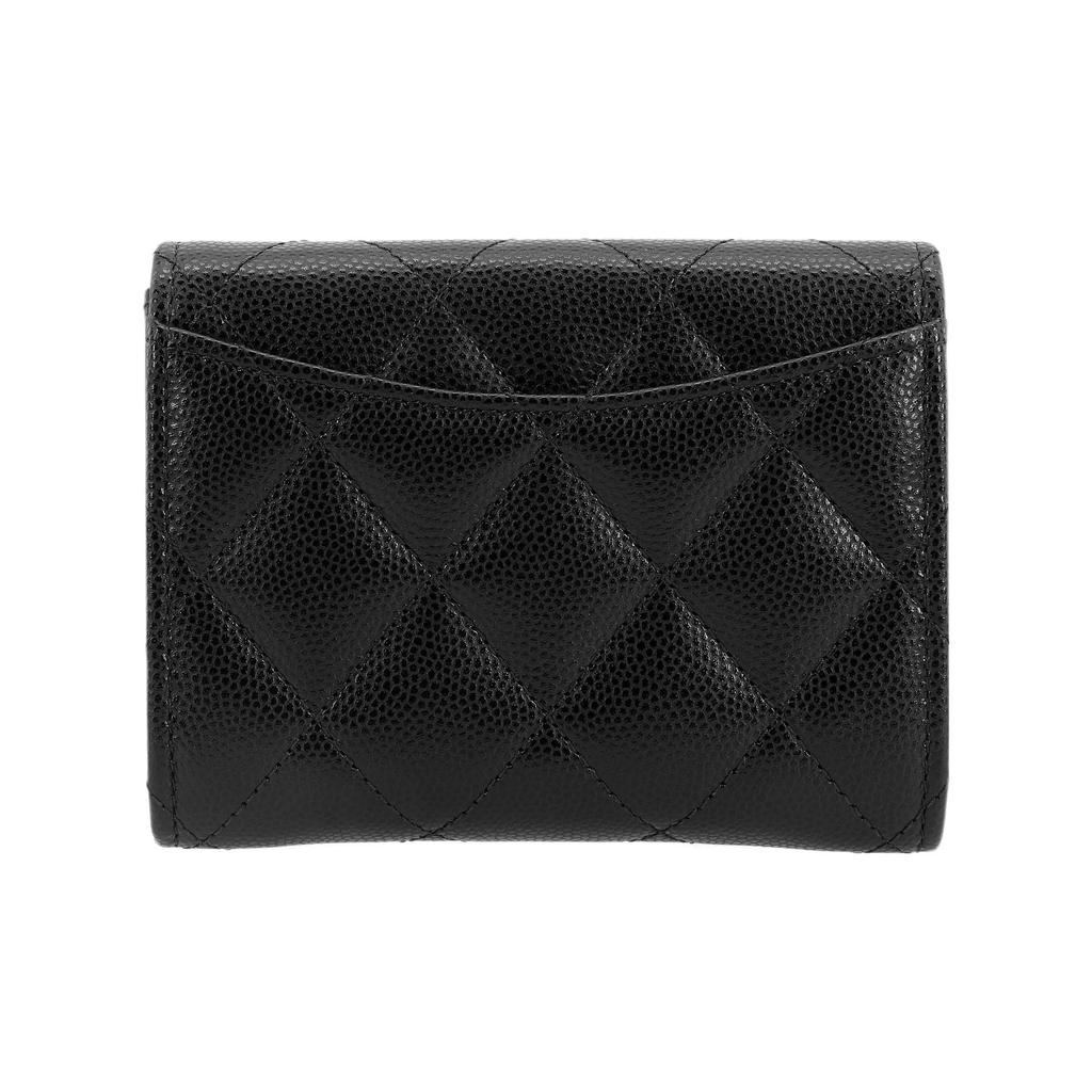 CHANEL Women's Card Holder and Wallet  Black  with Gold Buckle  Classic Diamond Pattern  Short  Double-Layer Flap  Grainy Calfskin