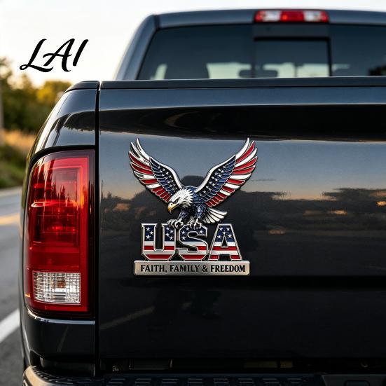 Forte Adesivo Decalcomania Auto USA Fede Famiglia & Libertà Emblema Metallico Aquila