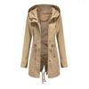 Women’s Trench Coat Cotton Solid Color Hooded Zipper Windproof Long Jacket Drawstring Outdoor Hiking Windcheater Spring Autumn Winter Outwear