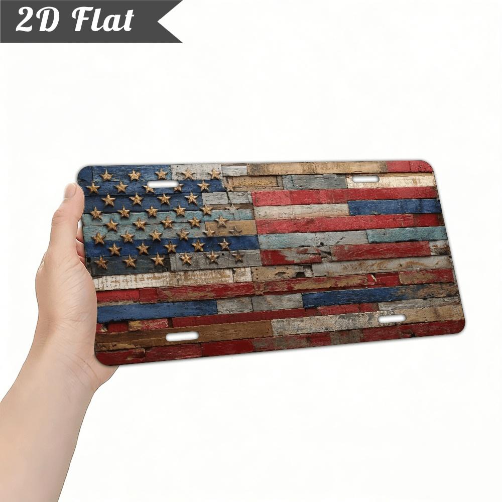 2D Flat 1pc Decorative Only, Patriotic Country Style Aluminum License Plate Frame- Country Wooden American Flag Art Design, Standard 6*12inch Universa