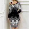 Women Plus Size Cold Shoulder Long Sleeve Multicolor Wildflower Print Irregular Slit Bodycon Midi Dress