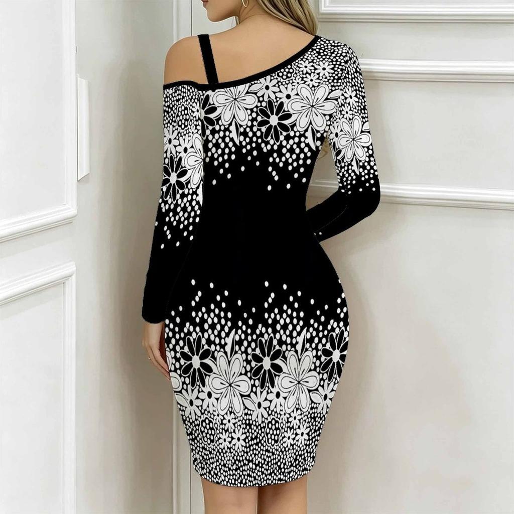 Women Plus Size Cold Shoulder Long Sleeve Multicolor Wildflower Print Irregular Slit Bodycon Midi Dress