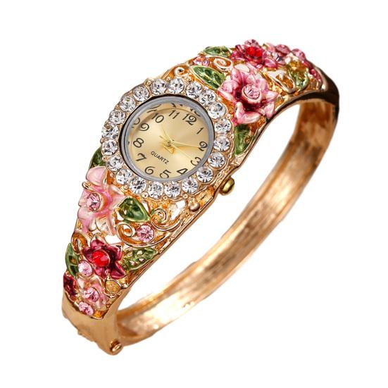 Ladies Floral Bangle Watch Rhinestone Round Dial Watch Elegant Quartz Wristwatch Sparkly Women Timepiece Gift for Mom Wife