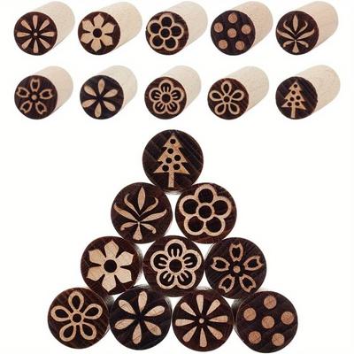 10pcs Round Wooden Carved Stamps Clay Modeling Pattern Kit Pottery Tools Stamp Natural Wood Block Stampers for Ceramic Crafts.