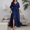 Plus Size Women Cross V Neck Frill Short Sleeve High Waist Long Banquet Evening Dress