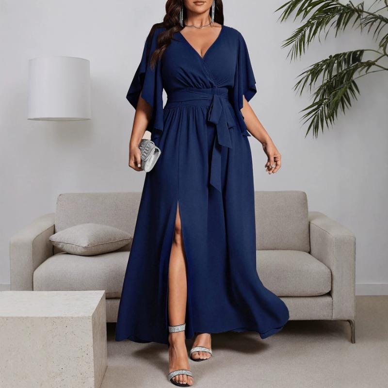 Plus Size Women Cross V Neck Frill Short Sleeve High Waist Long Banquet Evening Dress