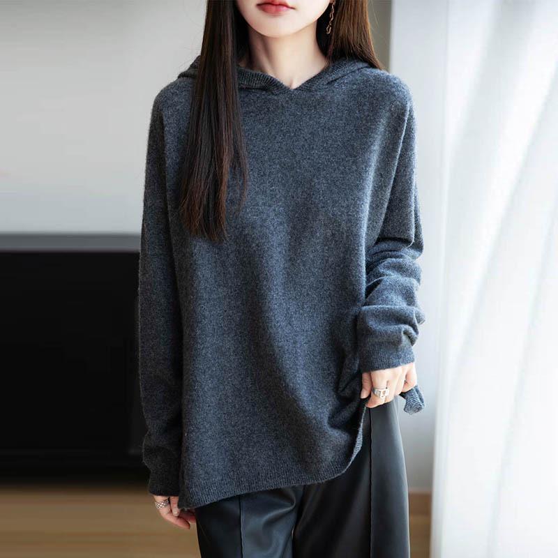 Women's Loose Fit Hooded Pure Wool Sweater – Casual Autumn/Winter Style