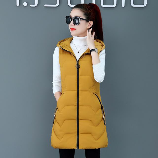 Autunno Inverno Donna Tinta Unita Cappuccio Caldo Imbottito Gilet Lungo Taglie Forti Giacca in Cotone Femminile Colore Caramella Gilet Casual