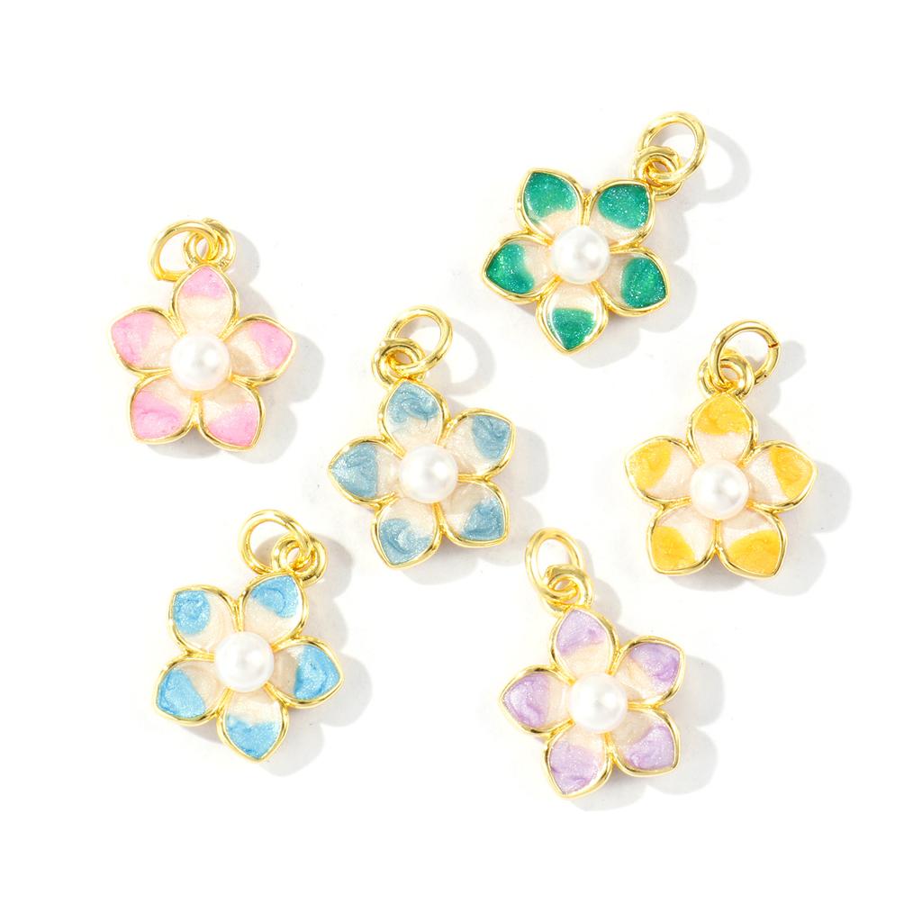 2Pcs Flower Charms Enamel Acrylic Imitation Pearl Brass 18K Gold Plated Pendants For DIY Necklace Jewelry Making 18mmx13mm