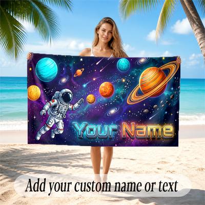 Astronaut Space Theme Quick Dry Beach Towel Custom Name Text Print Large Sand Resistant Towel Beach Vacation