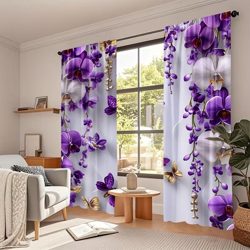 2 Pcs Butterfly Orchid Print Curtains,suitable for Bedroom,living Room Kitchen Decoration,home Decoration,window Decoration