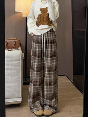 Checkered Pants for Women In Spring and Autumn, High Waisted, Loose and Lazy, Retro Casual Wide Leg Pants for Women
