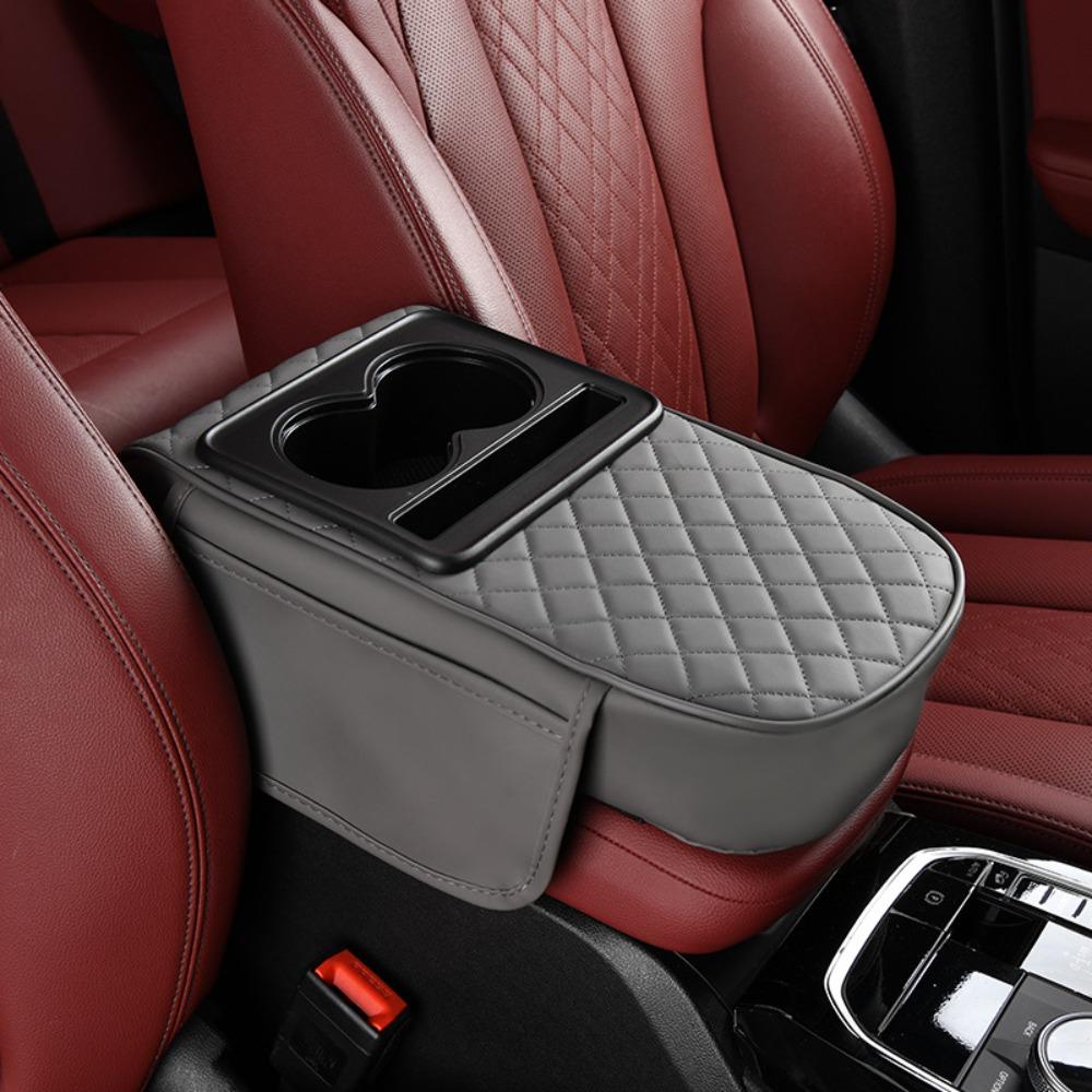 PU Leather Car Armrest Pad with Cup Holder Multifunctional Center Console Armrest Cushion Height Increasing Thickened