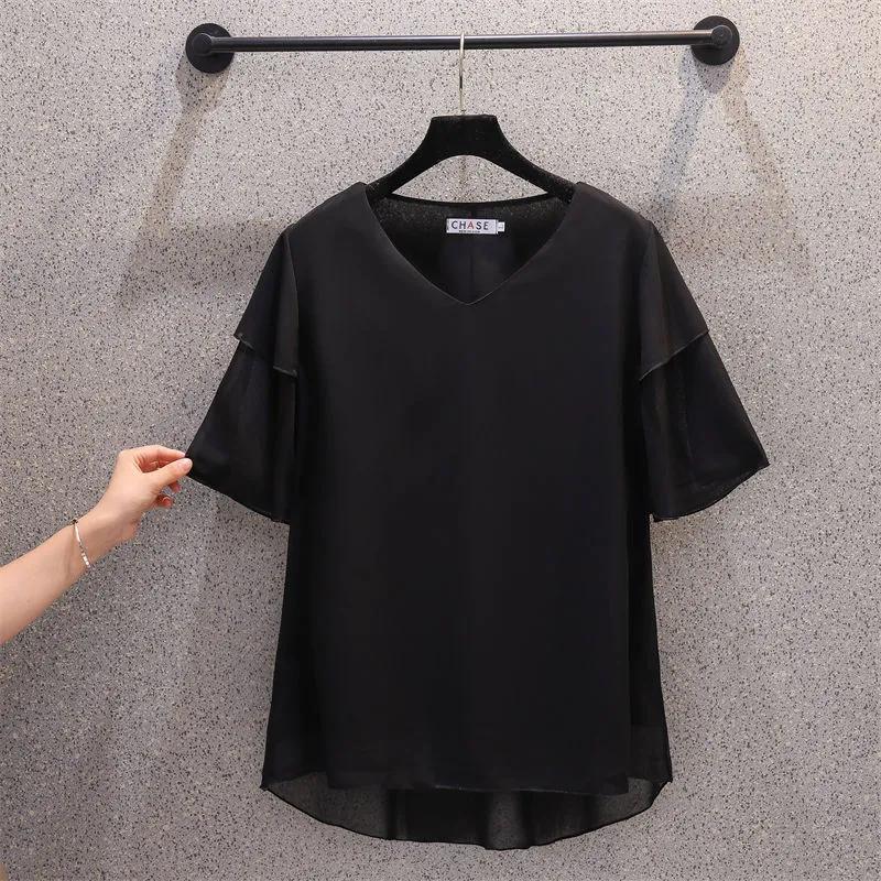 T-shirt Women Versatile Summer Casual Large Size Loose V Neck Pullover Short-sleeved Tops