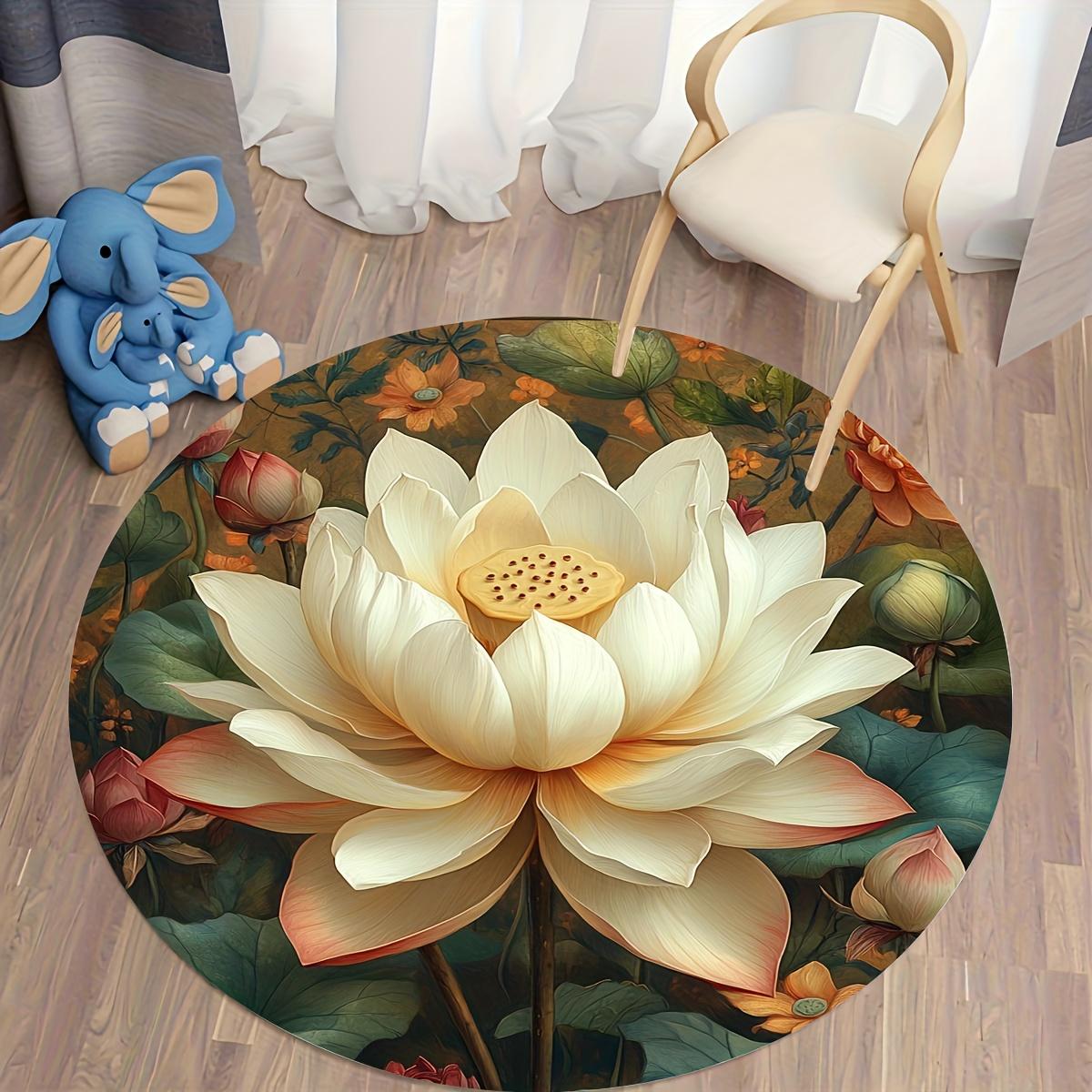 

Vintage Indian Lotus Round Rug Non-Slip Machine Washable Floor Mat 2D Flat Yoga Meditation Cushion for Living Room Bedroom 60X60cm