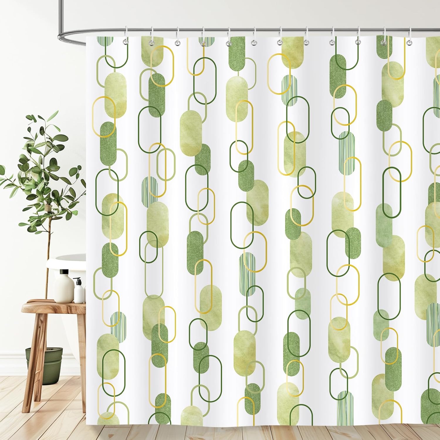 

Geometric Sage Green Shower Curtain, Farmhouse Bathroom Shower Curtain Set, Art Print Bathroom Modern Decor Fabric with Hooks 120x180CM