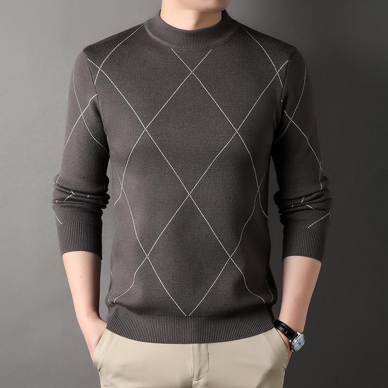 Men's 2025 Autumn/Winter Diamond Jacquard Knit Sweater - Round Neck, Long Sleeve