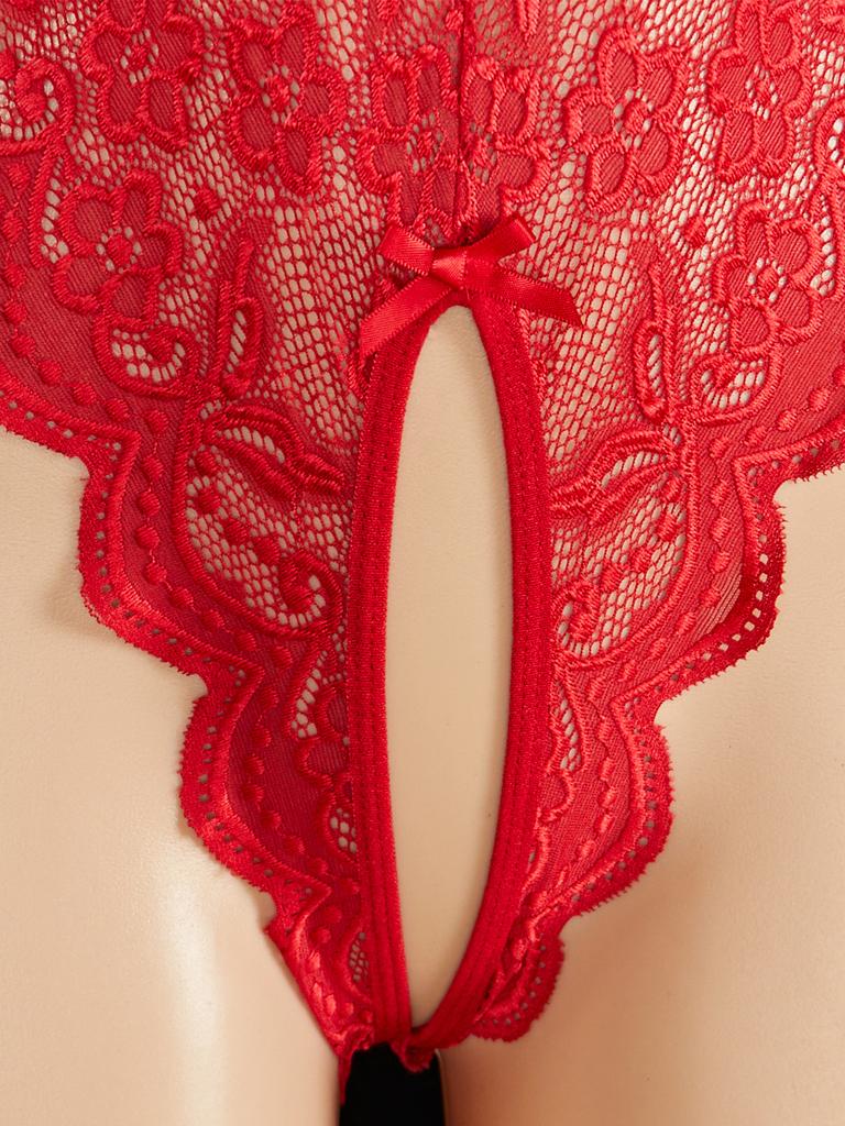 Red Backless Sexy Crotchless Transparent Lace Teddy Babydolls Bodysuits Women One-piece Deep V Neck Open Bra Erotic Hot Lingerie