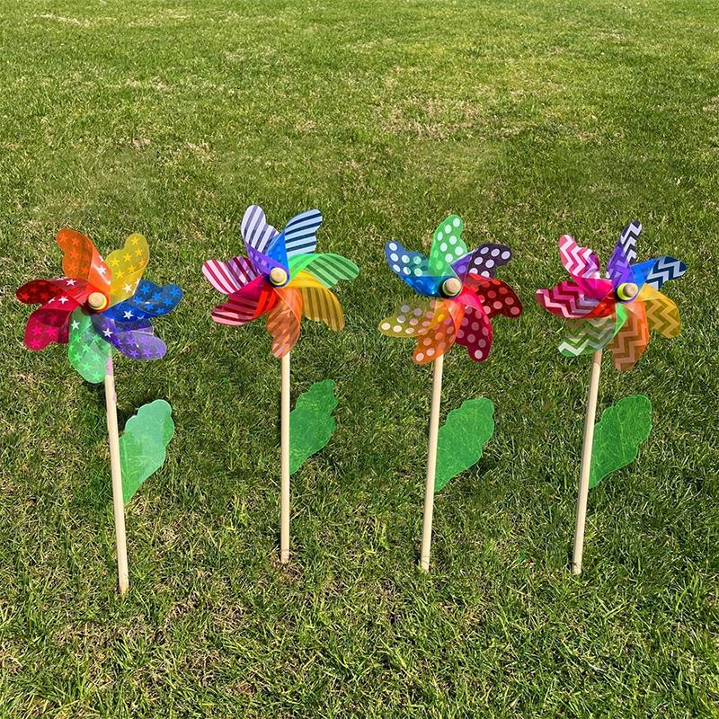 1 Piece 14/18/24/32Cm Wooden Pole Seven Leaf Colorful Diy Windmill Garden Yard Party Outdoor Wind Spinner Ornament Kids Toys