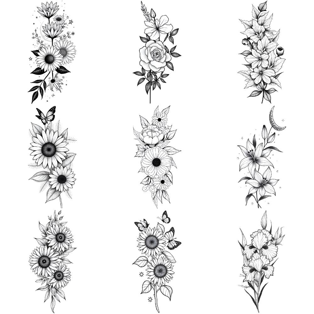 9 Stück Blumen Temporäre Tattoos für Männer Frauen Pflanze Narzisse Rose Pfingstrose Fake Tattoo Aufkleber Wasserdicht Körper Arm Tattoo Aufkleber