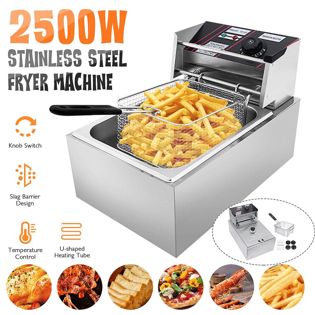 2500W 110V Single Cylinder Smokeless Chicken Dough French Fries Machine Stainless Steel Commercial Electric Deep Fryer Stove