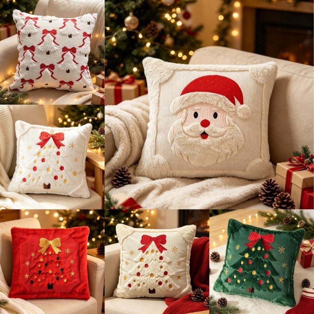 Soft Christmas Pillow Cover Santa Claus Bowknot Throw Cushion Case Square 45cm 17.72in Xmas Tree Pillowslip Home Decor