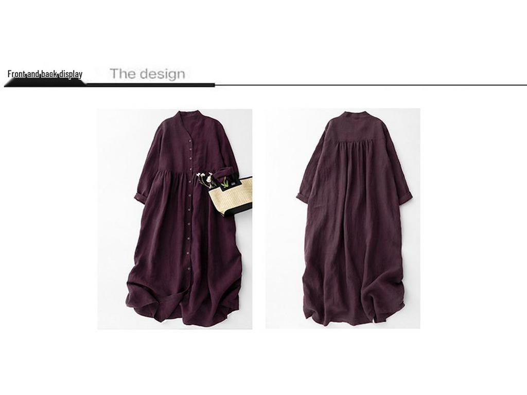 2025 Wiosna/Jesień Damska Bawełniana Lniana Sukienka z Dekoltem w Serek w Kolorze Klawretowym z Otwartym Przodem Dwuwarstwowa z Długim Rękawem Wyszczuplająca