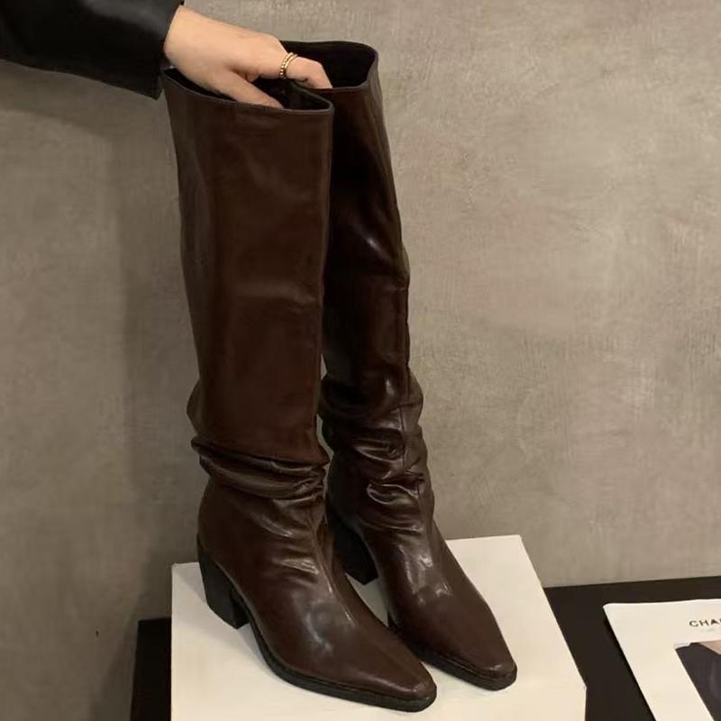 High Heels Women's High Boots Luxury Pointed Toe Chunky Shoes Fashion Chelsea Boots New Pumps Fashion Leather Mujer Botas