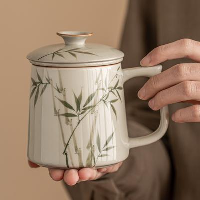 Hand-painted Emerald Green Wenzhu Ceramic Mug with Lid Tea Separation Office Cup, High-end Tea Drinking Cup Personal